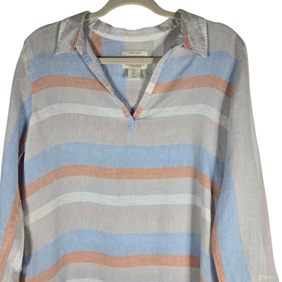 Cynthia Rowley Shirt Womens Small Blue Gray Striped Linen Tunic Side Buttons - Picture 2 of 8